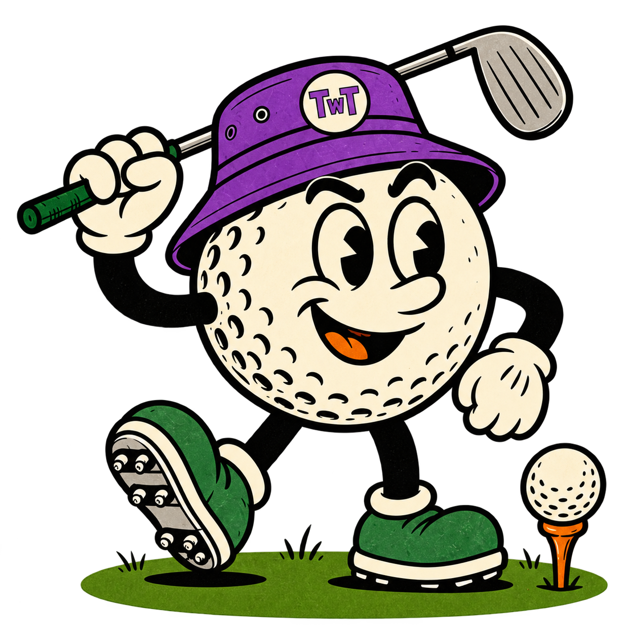 The TWT golf-ball mascot wearing a purple bucket hat and carrying a golf club